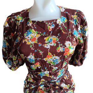 Vintage Dress sz 7 1970's Boho Plain Jane San Francisco Floral Puff Sleeve Belt